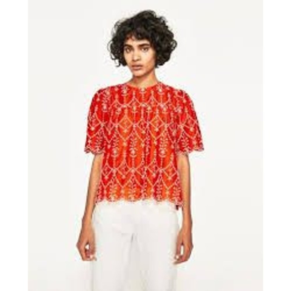 Zara Woman Red White Embroidered Eyelet Puff Sleeve Blouse MEDIUM Coquette